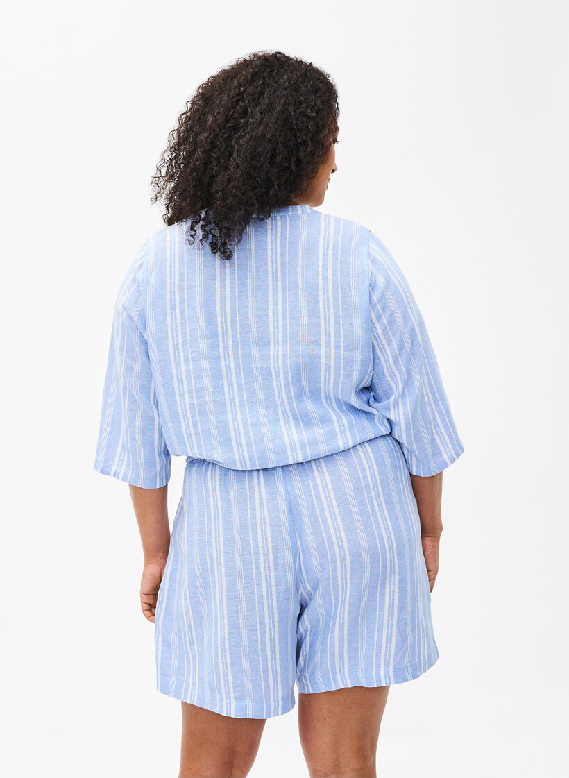 Randiga shorts i linne- och viskosblandning, Blå, Model image number 2