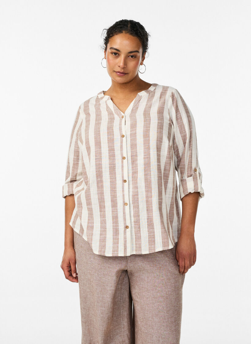 Skjortblus i bomull med v-ringning, Beige, Model image number 0