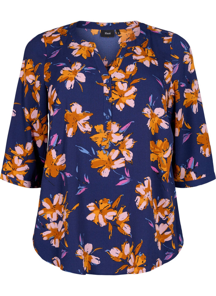 Blus med blommönster och trekvartsärm, Peacoat Flower AOP, Packshot image number 0