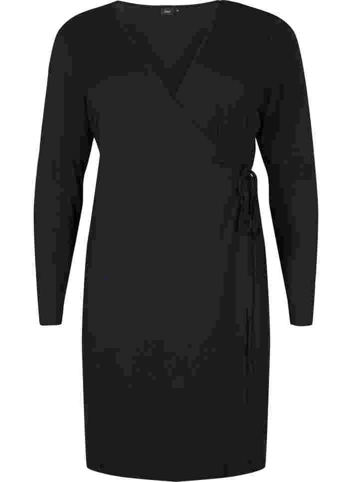 Långärmad omlottklänning i viskos, Black, Packshot image number 0