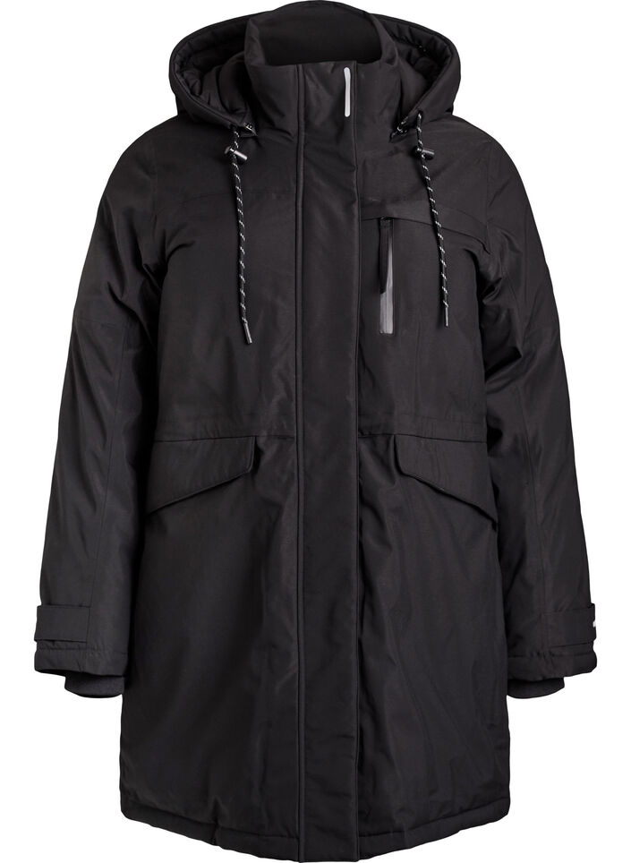Vattenavvisande parkas med huva och funktionella detaljer, Svart, Packshot image number 0