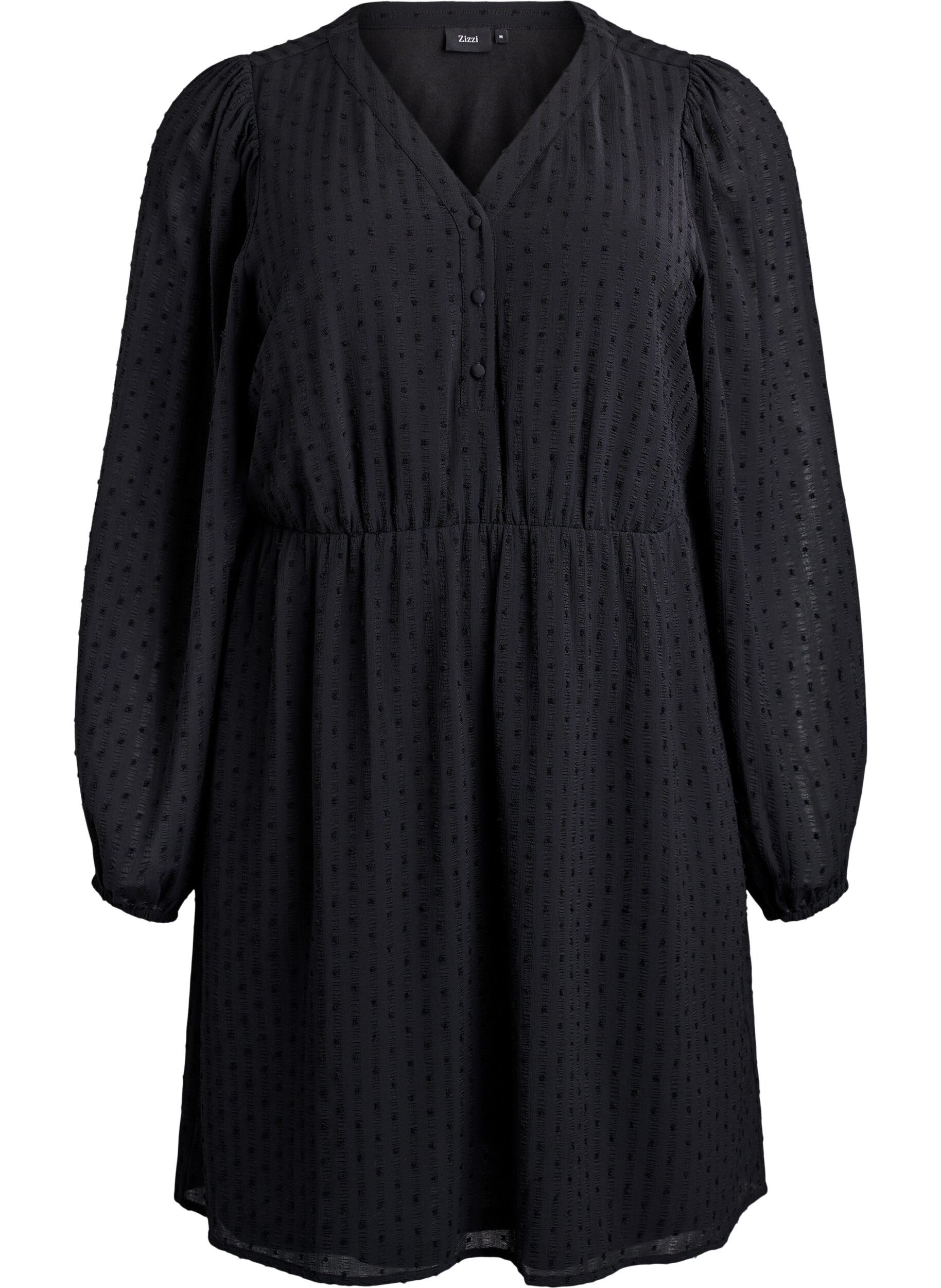 Zizzi Kort kl&auml;nning med ton-i-ton-r&auml;nder och strukturerade prickar, Svart, Packshot image number 0