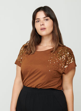 Kortärmad t-shirt med paljetter, Brown ASS, Model image number 0