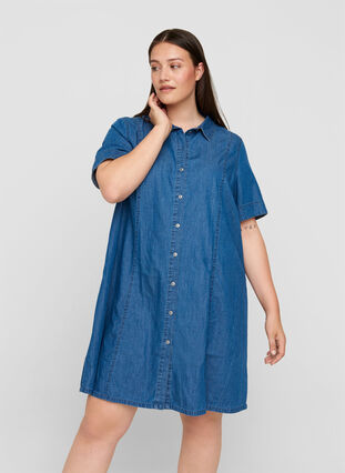Skjortklänning i denim med korta ärmar, Medium Blue denim, Model image number 0