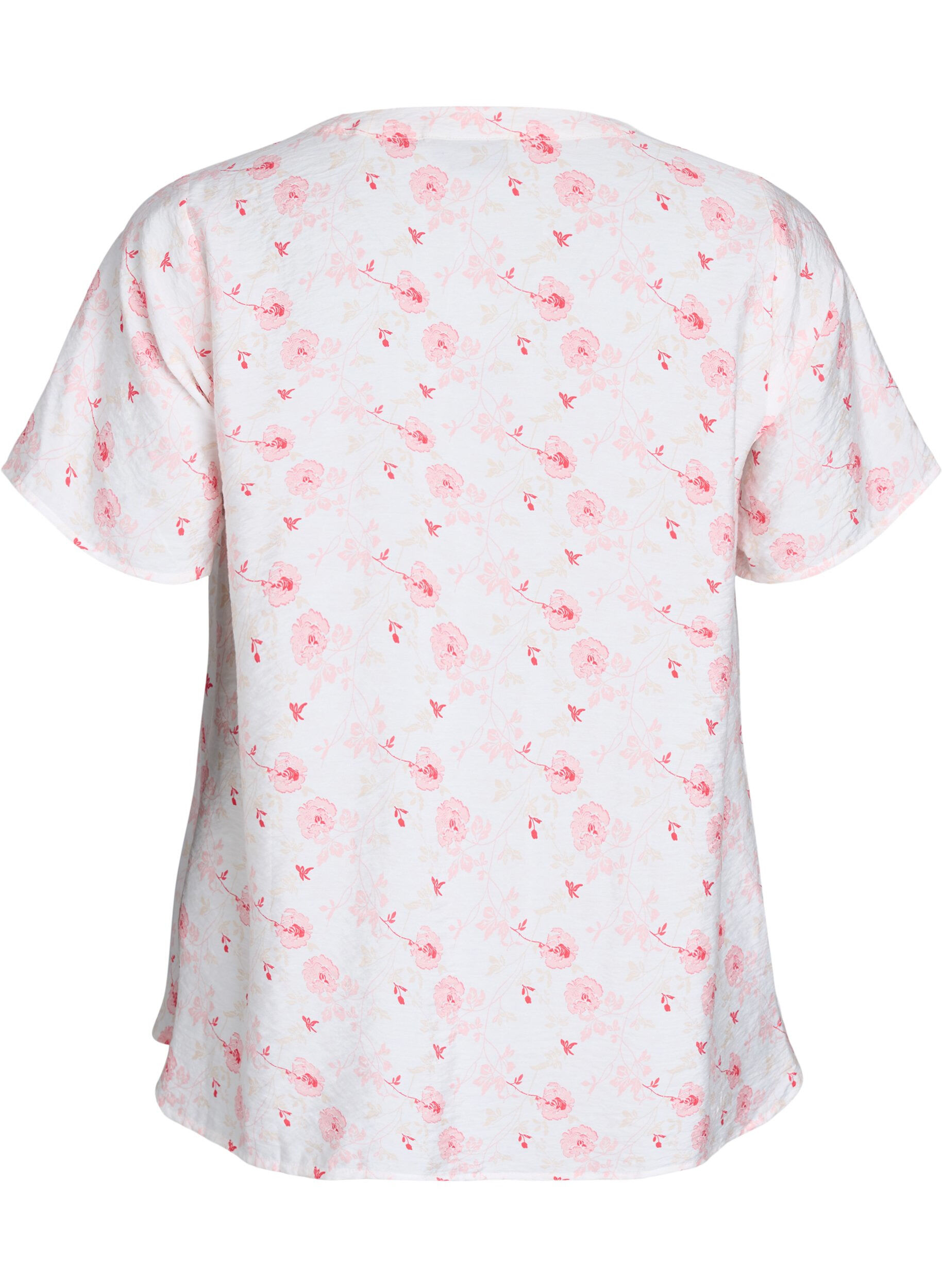 Zizzi Skjortblus med korta &auml;rmar och blomm&ouml;nster, Rosa, Packshot image number 1