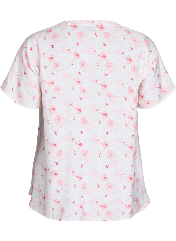 Skjortblus med korta ärmar och blommönster, Rosa, Packshot image number 1