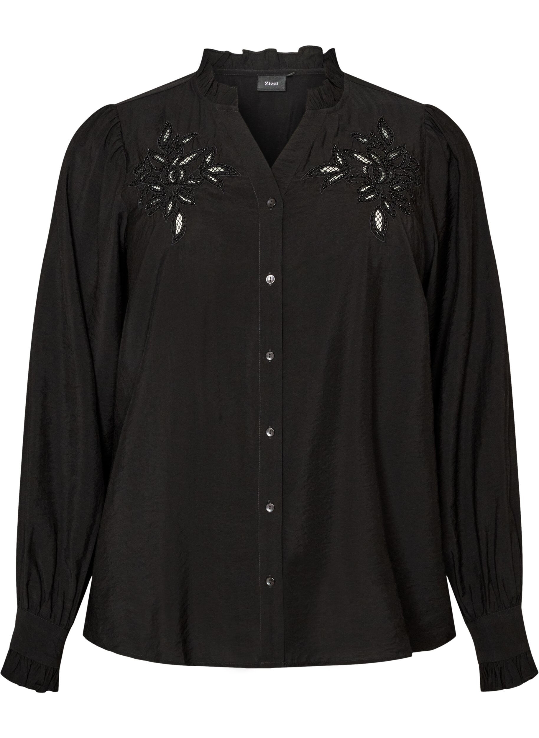 ZizziSkjortblus med broderade blomapplikationer, Svart, Packshot image number 0