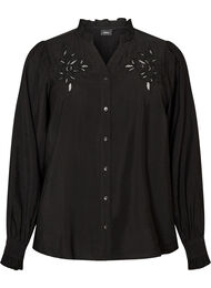 Skjortblus med broderade blomapplikationer, Svart