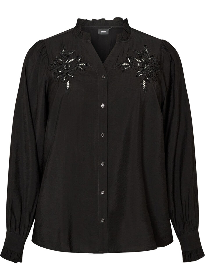 Skjortblus med broderade blomapplikationer, Svart, Packshot image number 0