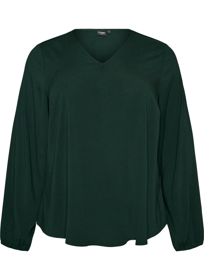 Blus i viskos med v-ringning och rundad nederkant, Gr&ouml;n, Packshot image number 0