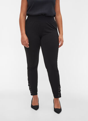 Enfärgade leggings med snörningsdetalj, Black, Model image number 2