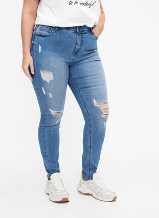 Amy jeans med supersmal passform och rippade detaljer, Blue denim, Model image number 2