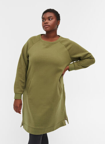Sweatshirtklänning med fickor och slits, Olive Drab, Model image number 0