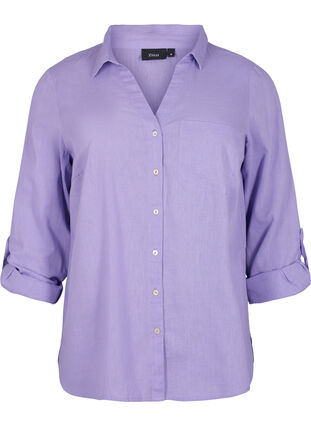 Skjortblus med knäppning i en blandning av bomull och linne, Lavender, Packshot image number 0