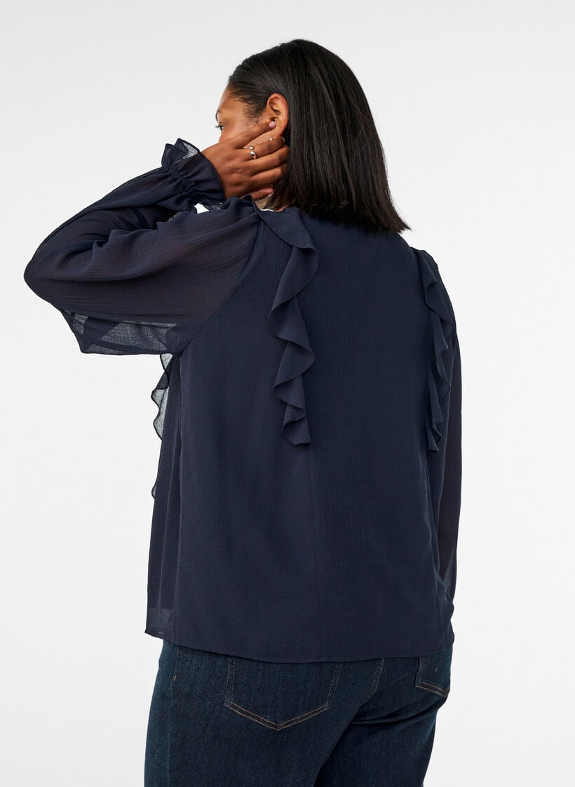 Skir blus med volanger och knytning, Bl&aring;, Model image number 2