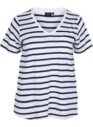 Randig bomulls-t-shirt med v-ringning, White Navy B Stripe