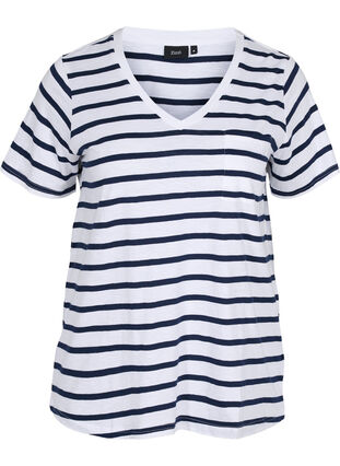 Randig bomulls-t-shirt med v-ringning, White Navy B Stripe, Packshot image number 0