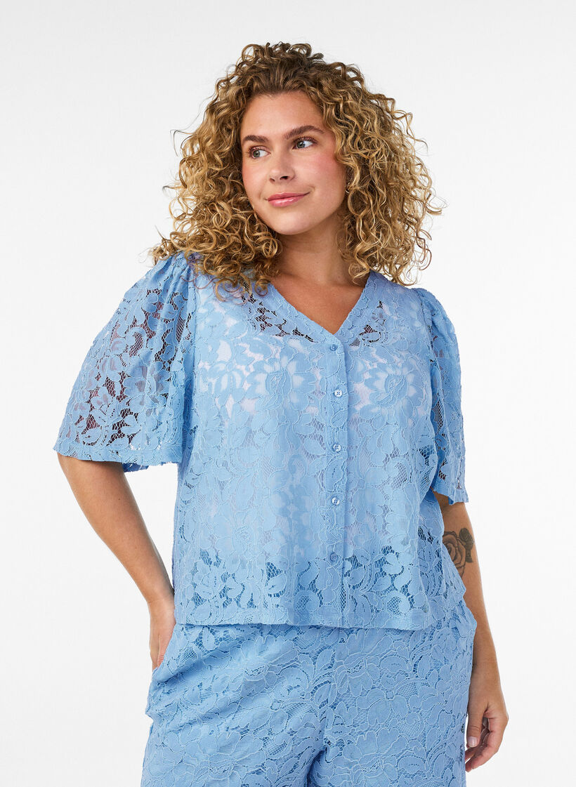 Spetsshorts med h&ouml;g midja och fickor, Bl&aring;, Model image number 0