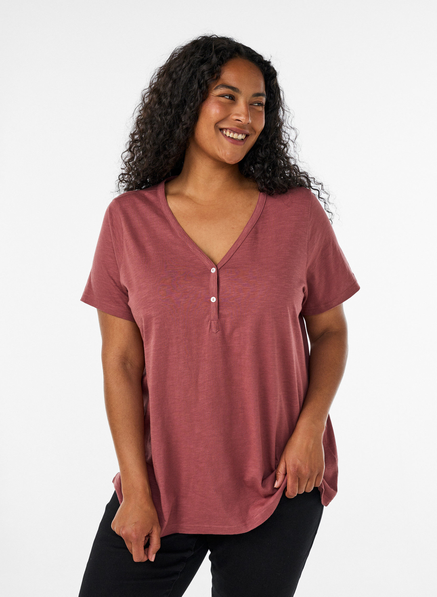 T-shirt med knappdetalj, Brun, Model