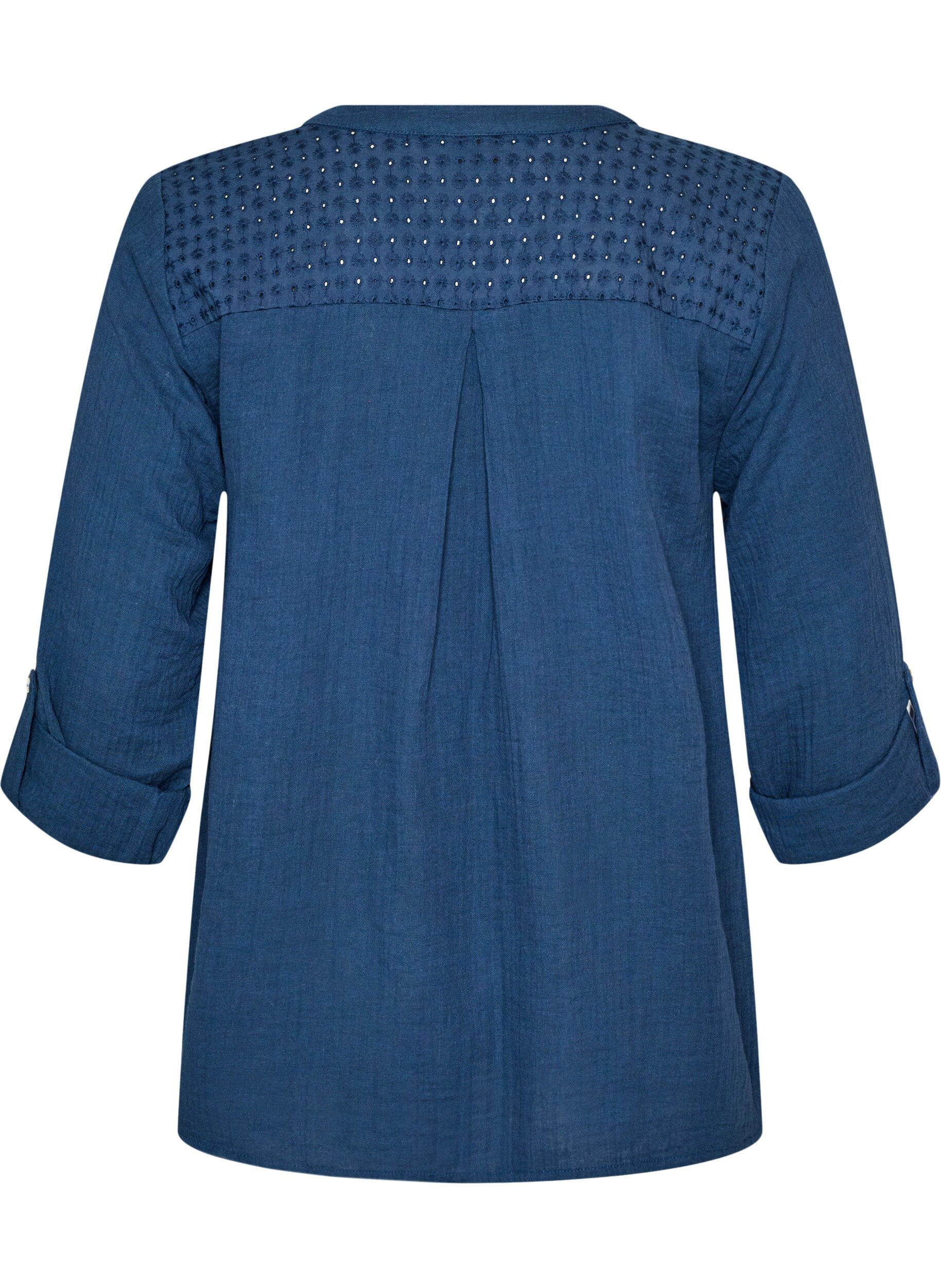ZizziBlus i bomullsmuslin med broderie anglaise, Bl&aring;, Packshot image number 1
