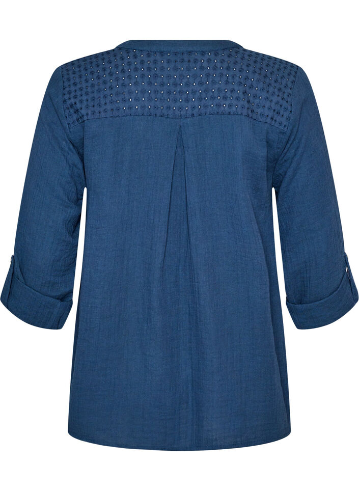 Blus i bomullsmuslin med broderie anglaise, Bl&aring;, Packshot image number 1