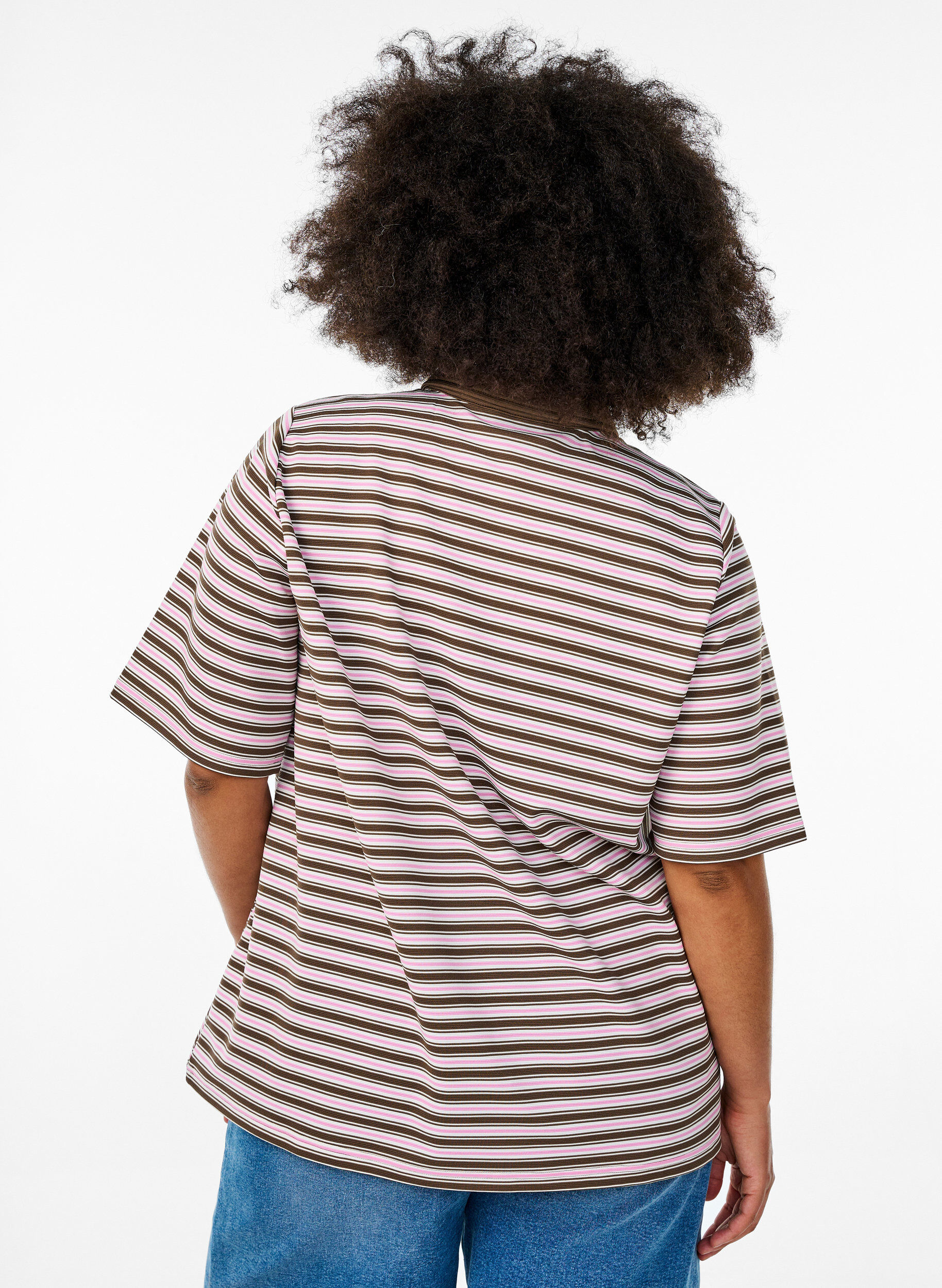 Zizzi Randig polotr&ouml;ja med korta &auml;rmar och knappar, Brun, Model image number 2