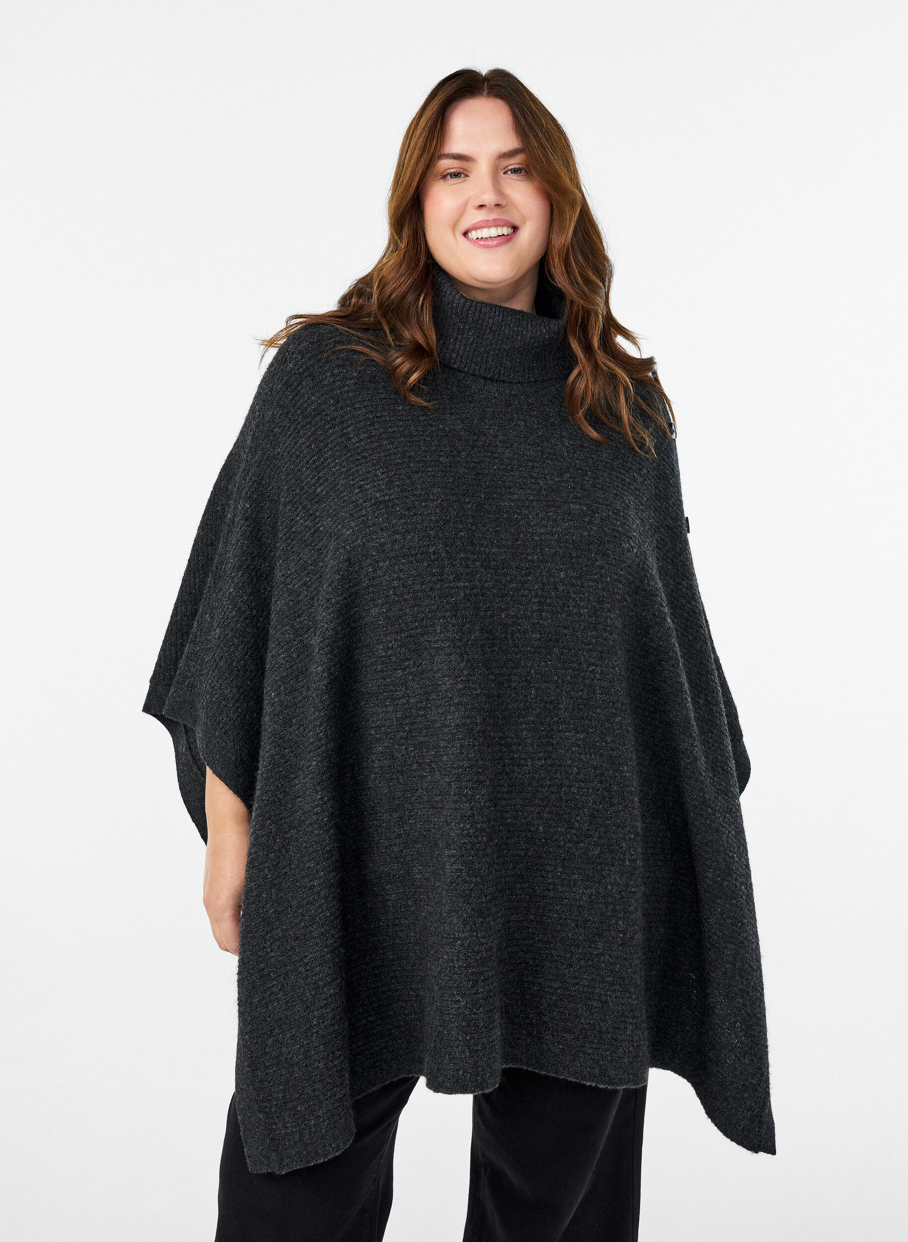 Zizzi Poncho med polokrage och knappdetalj, Gr&aring;, Model image number 0