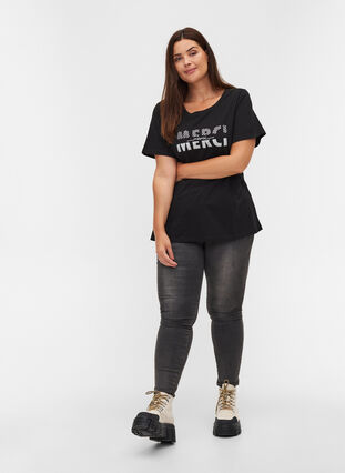 T-shirt med tryck i ekologisk bomull, Black Merci, Model image number 2