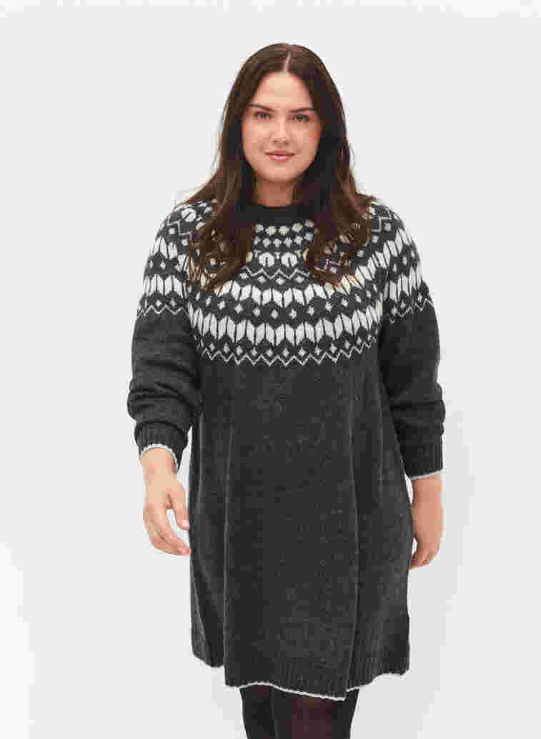 Stickad klänning med ull och mönster, Dark Grey Mel Comb, Model image number 0