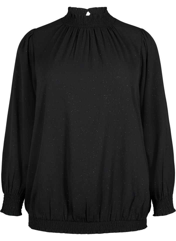 FLASH – Långärmad blus med smock och glitter	, Black w. Silver, Packshot image number 0