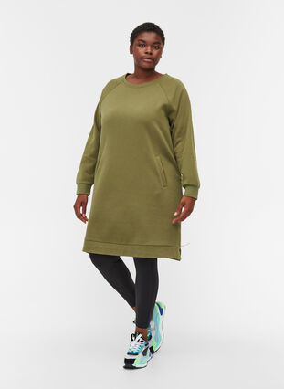 Sweatshirtklänning med fickor och slits, Olive Drab, Model image number 2
