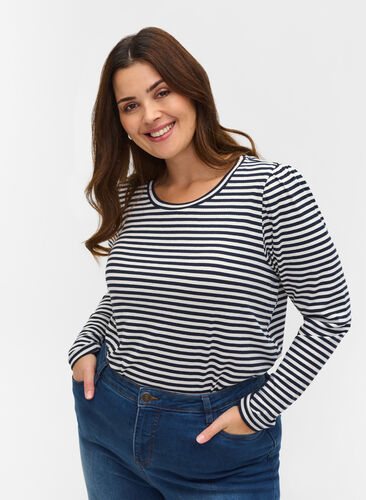 Randig tröja med långa ärmar, N. Sky/White Stripe, Model image number 0