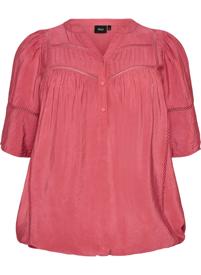 Blus i viskos med str&aring;veck och ballongeffekt, Rosa, Packshot image number 0