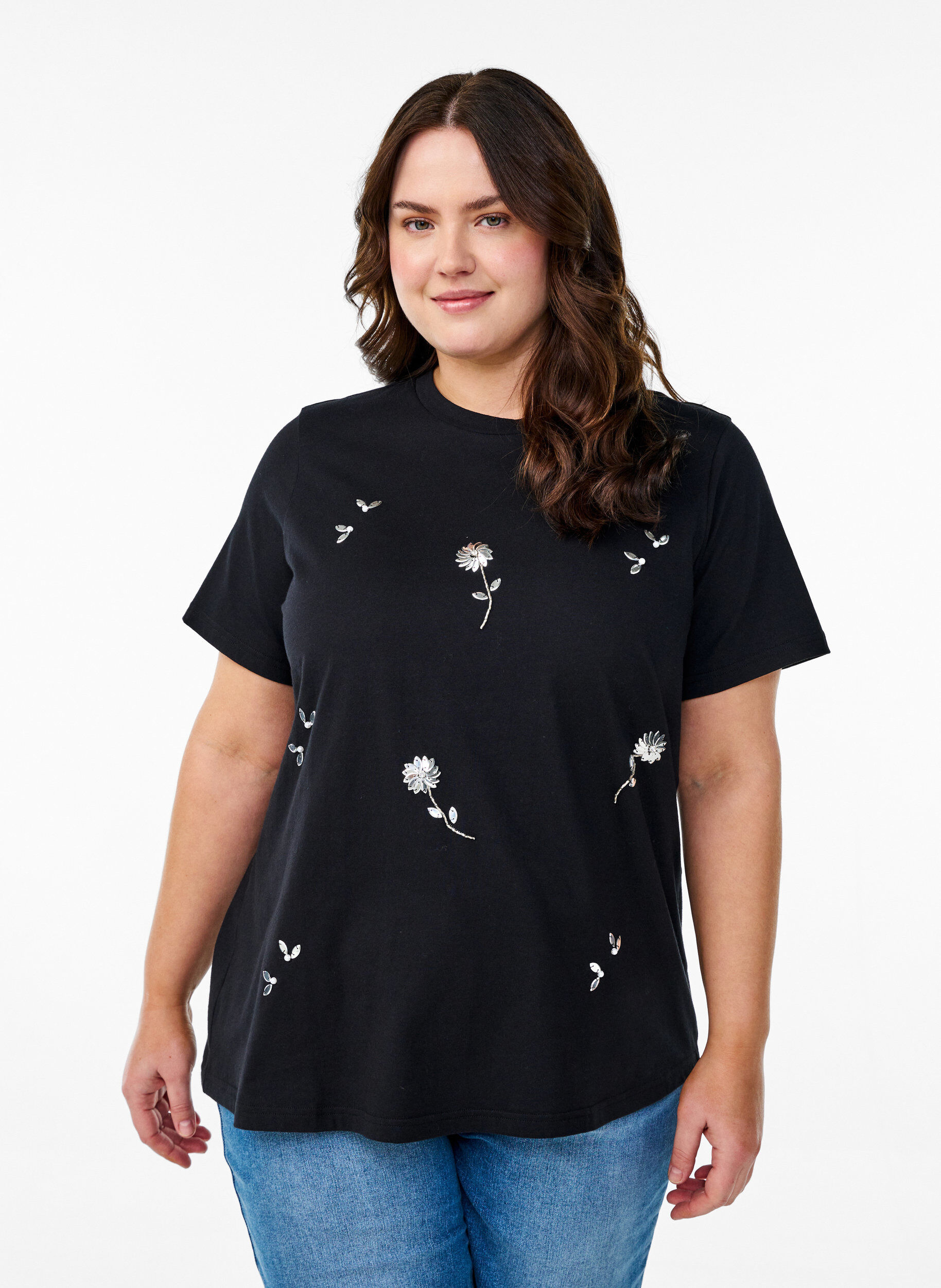 Zizzi T-shirt med paljettblommor, Svart, Model image number 0