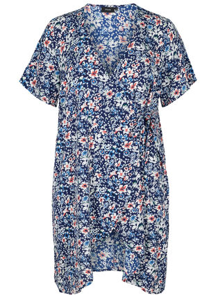 Omlottklänning med korta ärmar, Blue Flower AOP, Packshot image number 0