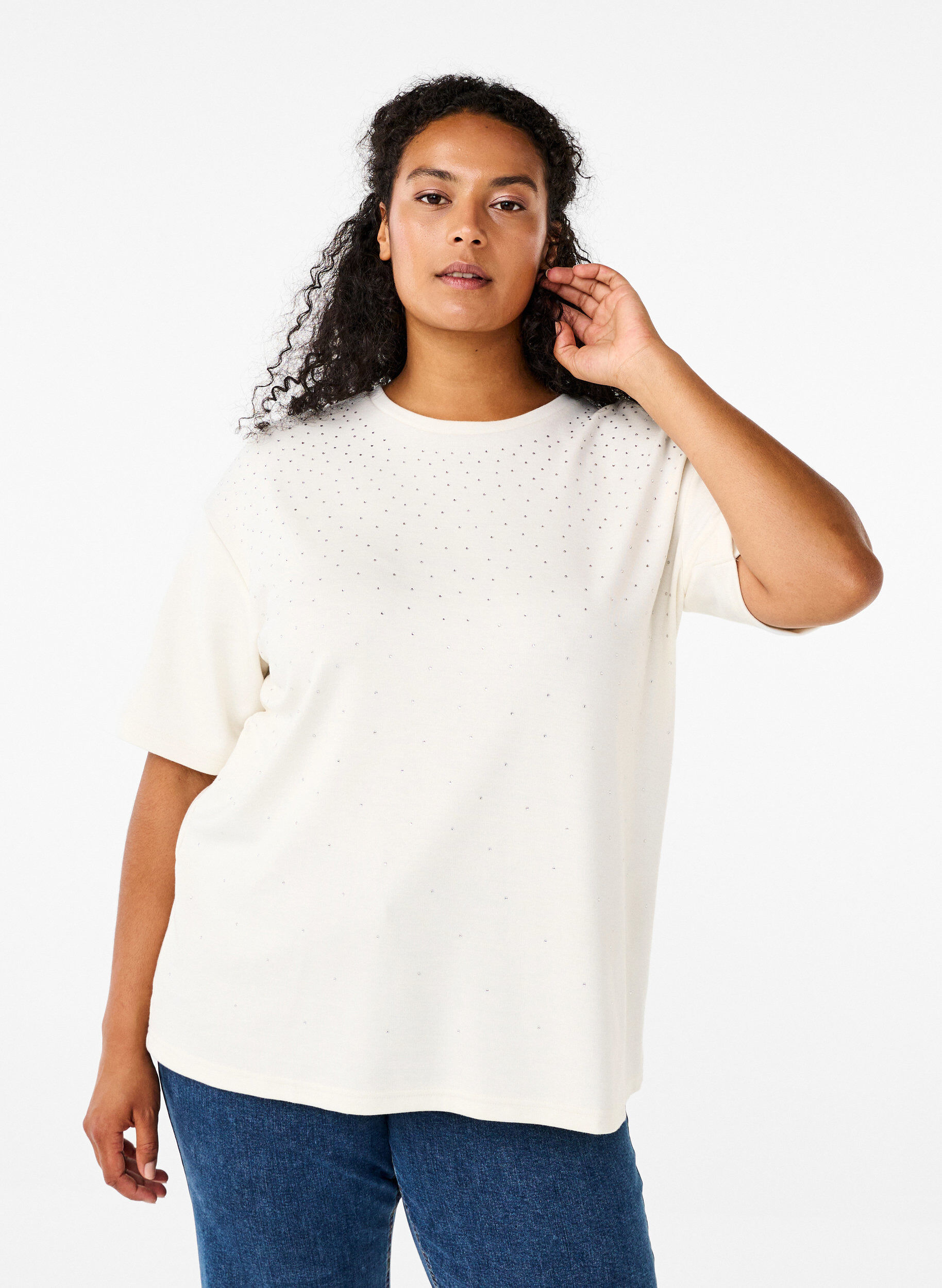 Zizzi T-shirt med strassstenar och rund hals, Vit, Model image number 0