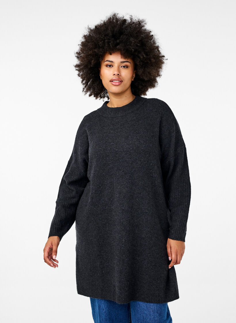 Lång stickad blus med långa ärmar, Dark Grey Melange, Model image number 0
