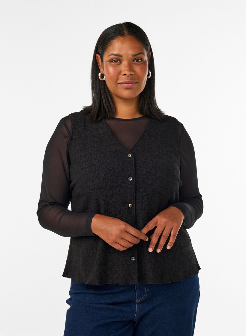 &Auml;rml&ouml;s topp med v&aring;gig struktur och kn&auml;ppning, Svart, Model image number 0
