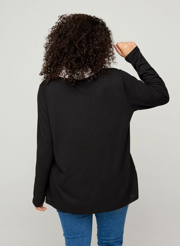 Enfärgad tröja med långa ärmar och skjortkrage, Black, Model image number 1