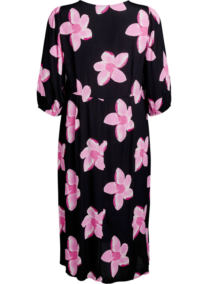 Midiklänning med blommigt tryck och 3/4-ärmar, Svart, Packshot image number 1