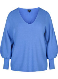 Stickad tröja med v-ringad hals och ballongärmar, Ultramarine Mel