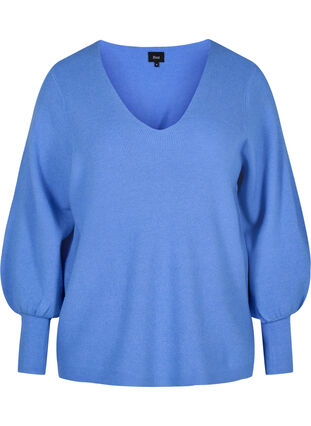 Stickad tröja med v-ringad hals och ballongärmar, Ultramarine Mel, Packshot image number 0