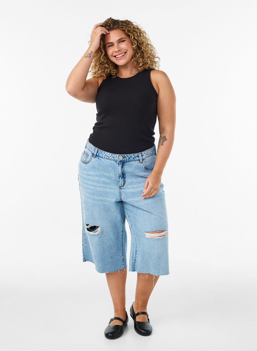 Ribbad topp i bomull med h&ouml;g hals, Svart, Model image number 1