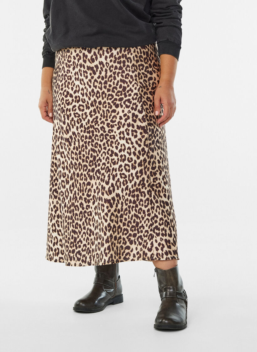 Midikjol i satin, Brun, Model image number 2