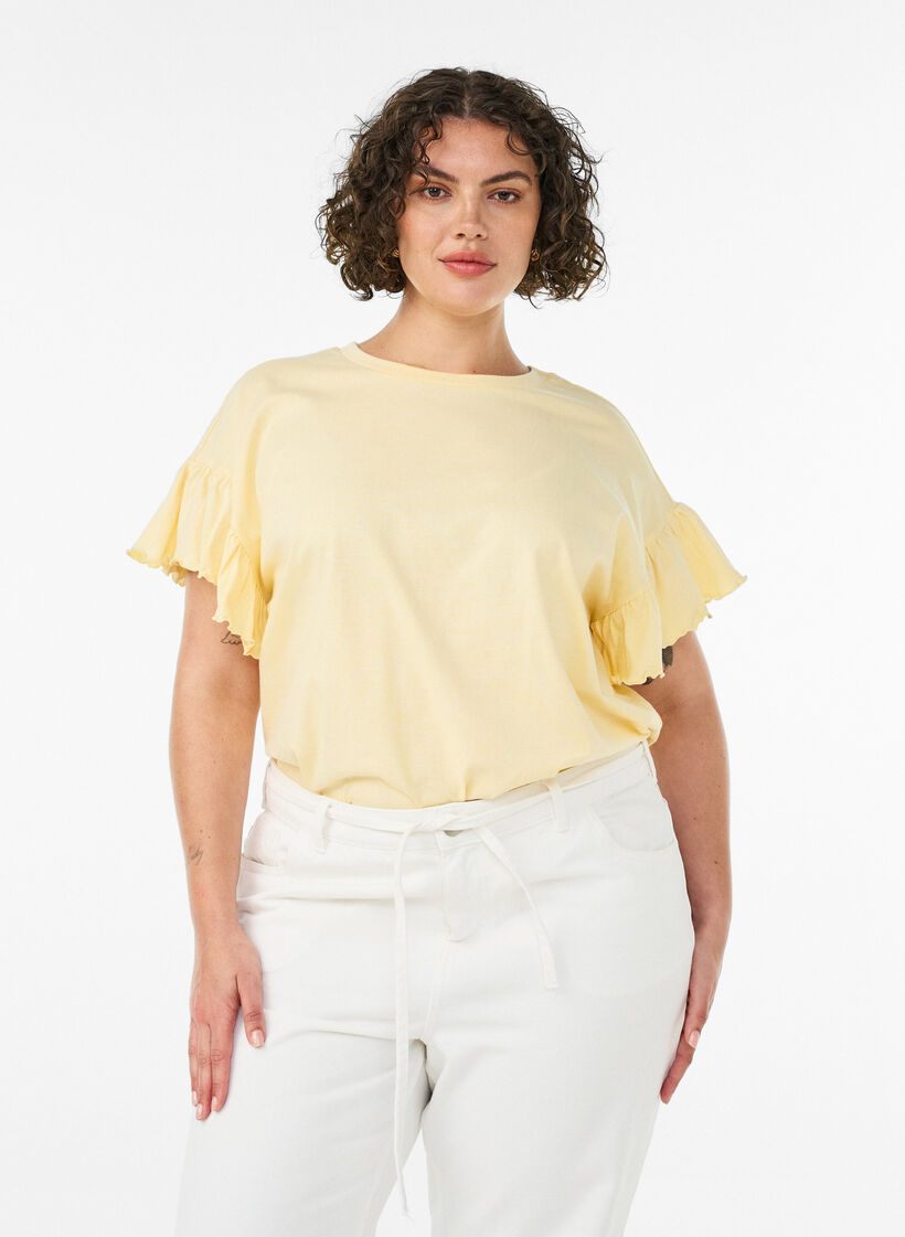 T-shirt i ekologisk bomull med volang&auml;rmar, Gul, Model image number 0