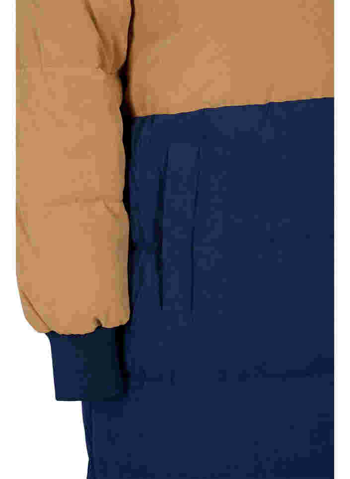 Lång vinterjacka med colour block, Tobacco Brown w/navy, Packshot image number 3