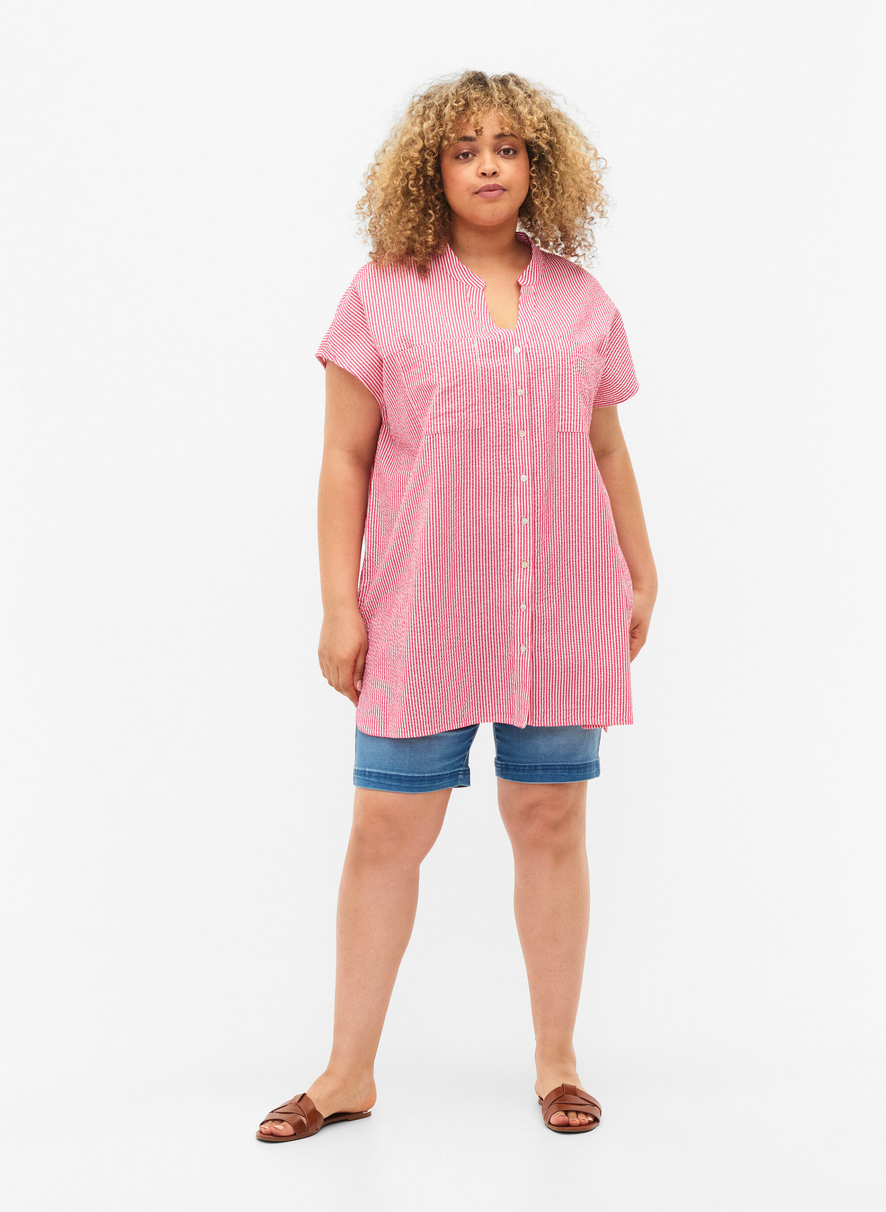 ZizziRandig skjorta i bomull med korta &auml;rmar, Beetroot P. Stripe, Model image number 2
