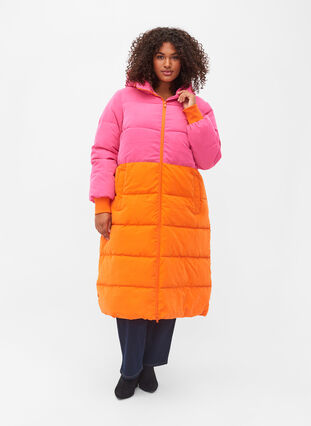 Lång vinterjacka med colour block, Pink W/Orange, Model image number 0