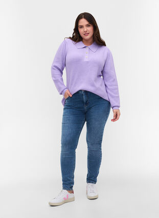 Stickad tröja med krage och dekorativa knappar, Purple Rose Mel., Model image number 2
