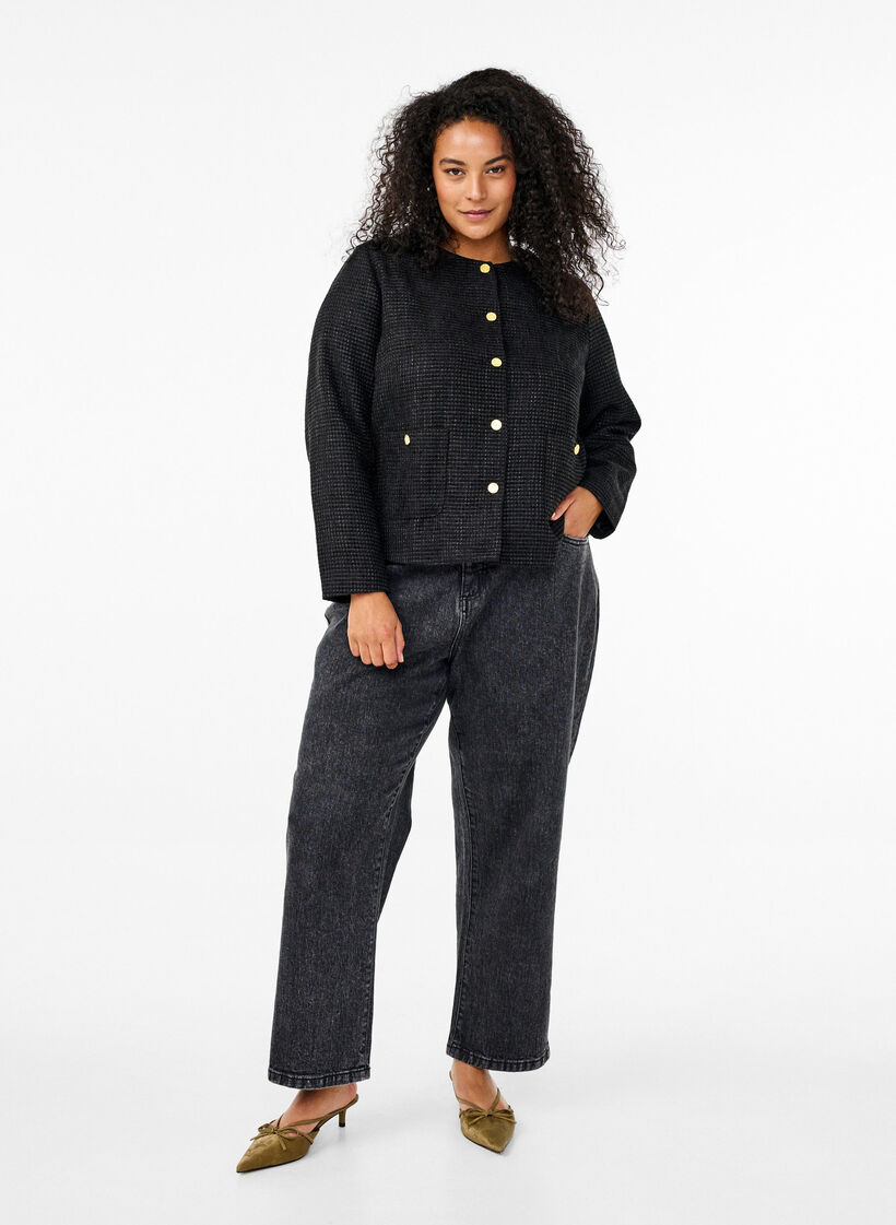 Boucléjacka med fickor och dekorativa knappar, Black, Model image number 2